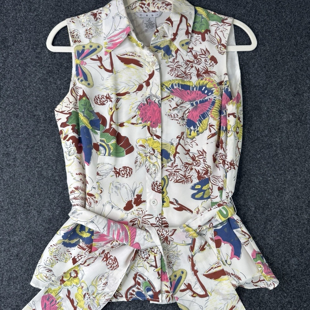 CAbi Womens 6 Silk Butterfly Floral Belted Blouse Romantic Garden Boho Top